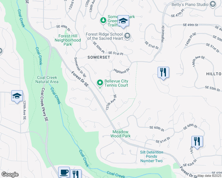 map of restaurants, bars, coffee shops, grocery stores, and more near 5555 Highland Drive in Bellevue