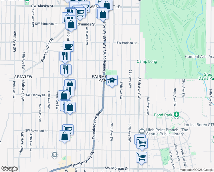 map of restaurants, bars, coffee shops, grocery stores, and more near 3800 Southwest Findlay Street in Seattle
