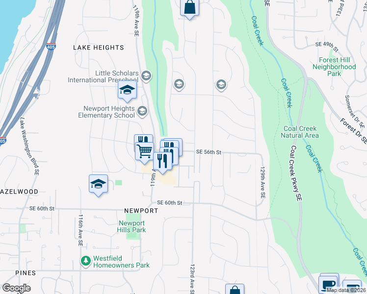 map of restaurants, bars, coffee shops, grocery stores, and more near 12231 Southeast 55th Place in Bellevue