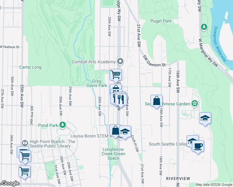 map of restaurants, bars, coffee shops, grocery stores, and more near 5423 Delridge Way Southwest in Seattle