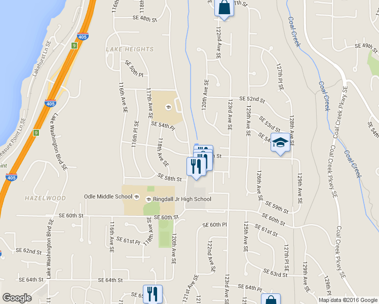 map of restaurants, bars, coffee shops, grocery stores, and more near 5525 119th Ave SE in Bellevue