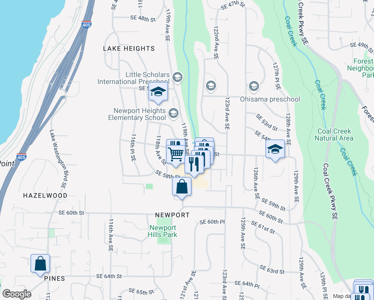 map of restaurants, bars, coffee shops, grocery stores, and more near 11844 Southeast 56th Street in Bellevue
