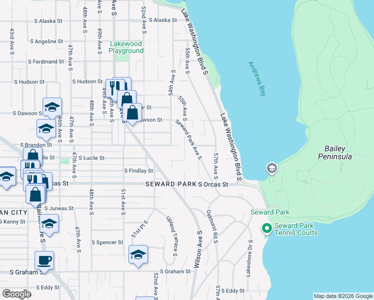map of restaurants, bars, coffee shops, grocery stores, and more near 5413 55th Avenue South in Seattle