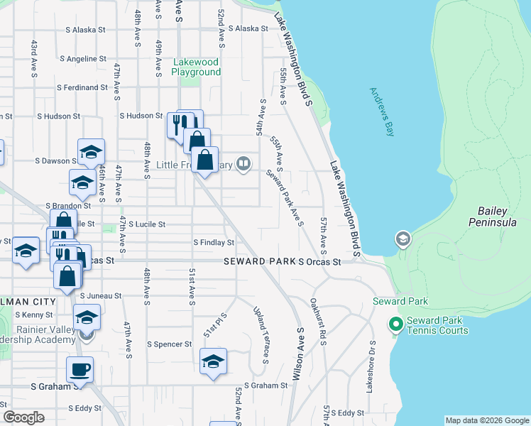 map of restaurants, bars, coffee shops, grocery stores, and more near 5413 55th Avenue South in Seattle