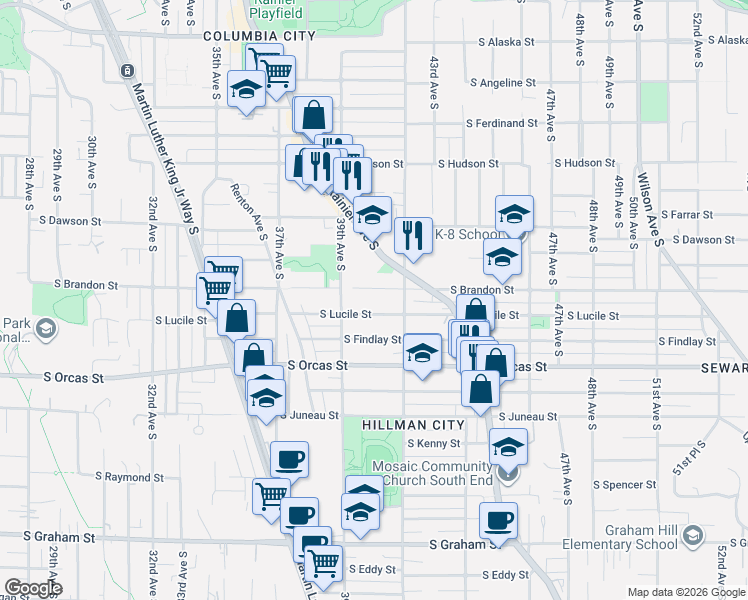 map of restaurants, bars, coffee shops, grocery stores, and more near 3946 South Lucile Street in Seattle
