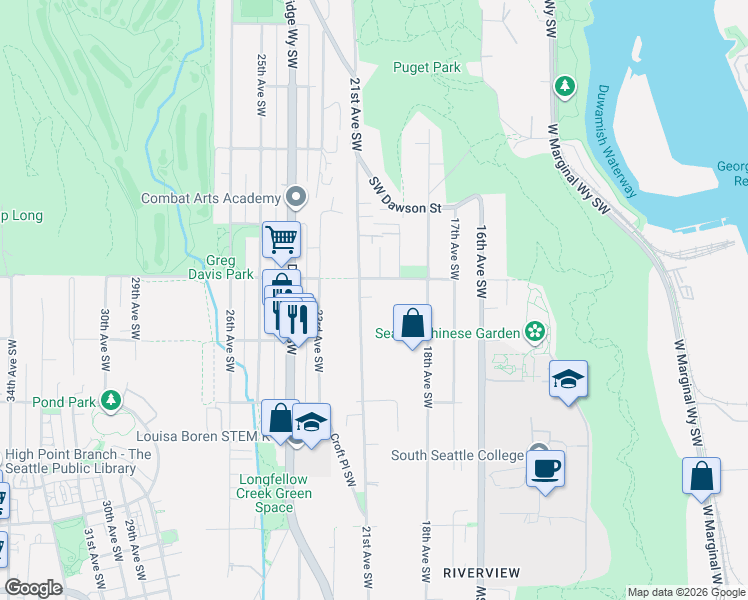 map of restaurants, bars, coffee shops, grocery stores, and more near 5416 21st Avenue Southwest in Seattle