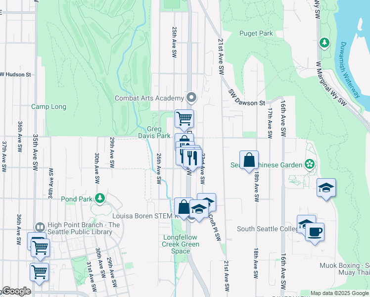 map of restaurants, bars, coffee shops, grocery stores, and more near 5424 25th Avenue Southwest in Seattle