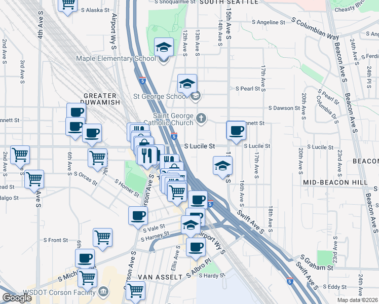 map of restaurants, bars, coffee shops, grocery stores, and more near 1207 South Lucile Street in Seattle