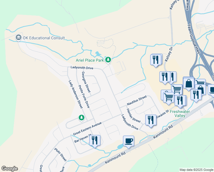 map of restaurants, bars, coffee shops, grocery stores, and more near 103 Ladysmith Drive in St. John's