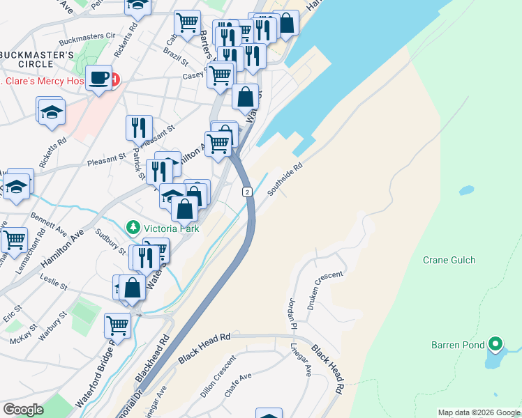 map of restaurants, bars, coffee shops, grocery stores, and more near 249 Southside Road in St. John's