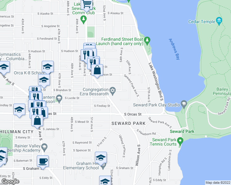 map of restaurants, bars, coffee shops, grocery stores, and more near 5221 South Brandon Street in Seattle