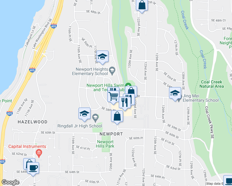 map of restaurants, bars, coffee shops, grocery stores, and more near 11844 Southeast 56th Street in Bellevue