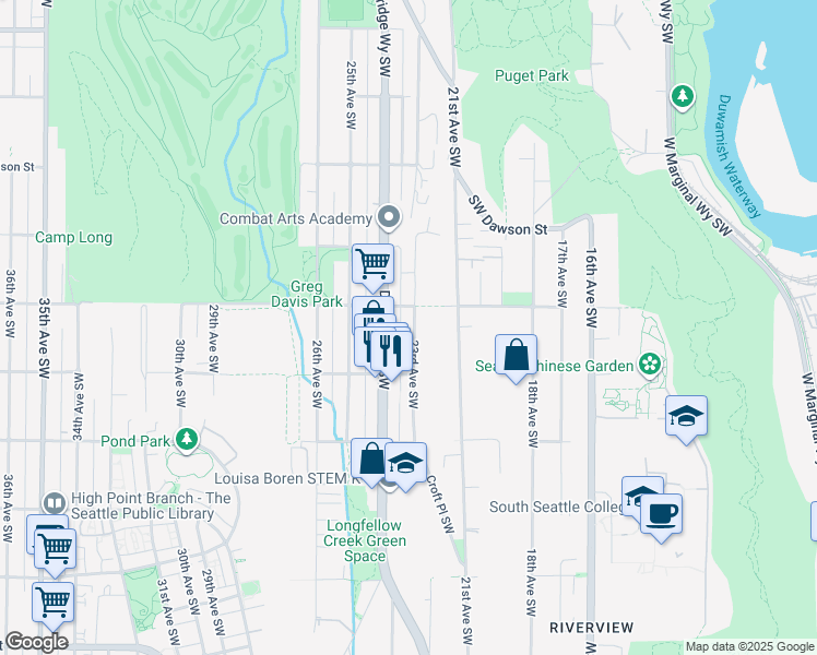map of restaurants, bars, coffee shops, grocery stores, and more near 5420 Delridge Way Southwest in Seattle