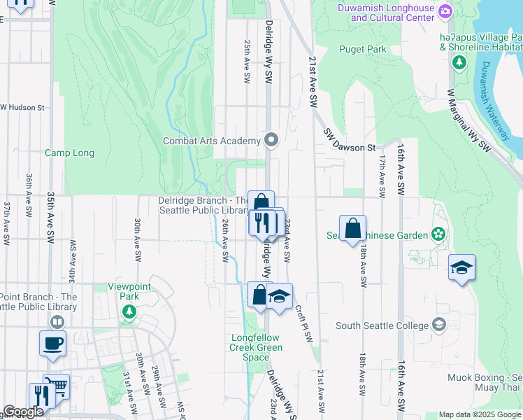 map of restaurants, bars, coffee shops, grocery stores, and more near 5423 Delridge Way Southwest in Seattle