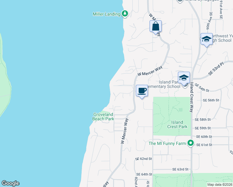 map of restaurants, bars, coffee shops, grocery stores, and more near 5 Brook Bay Road in Mercer Island