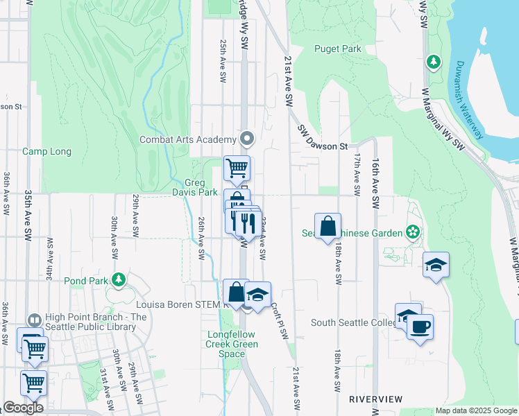 map of restaurants, bars, coffee shops, grocery stores, and more near 5420 Delridge Way Southwest in Seattle