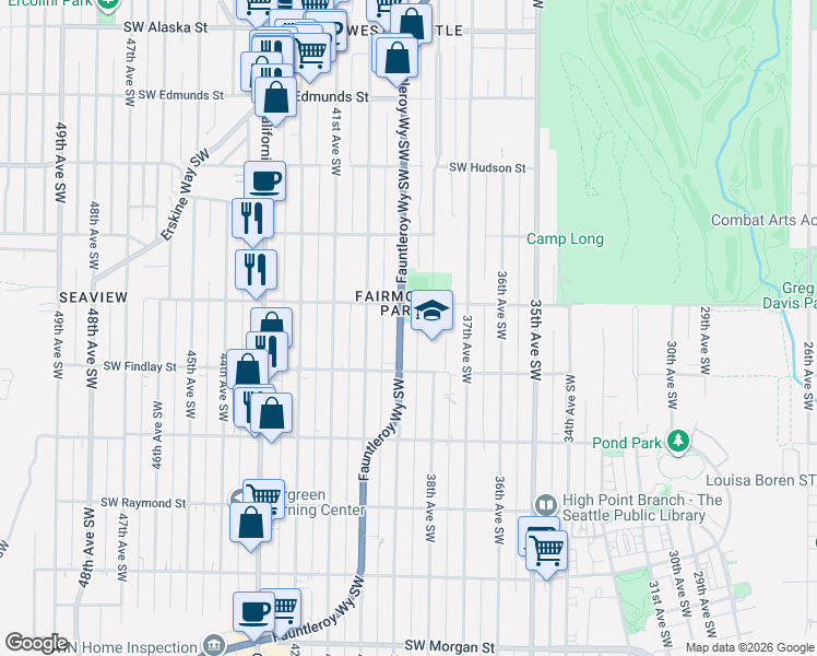 map of restaurants, bars, coffee shops, grocery stores, and more near 5427 Fauntleroy Way Southwest in Seattle