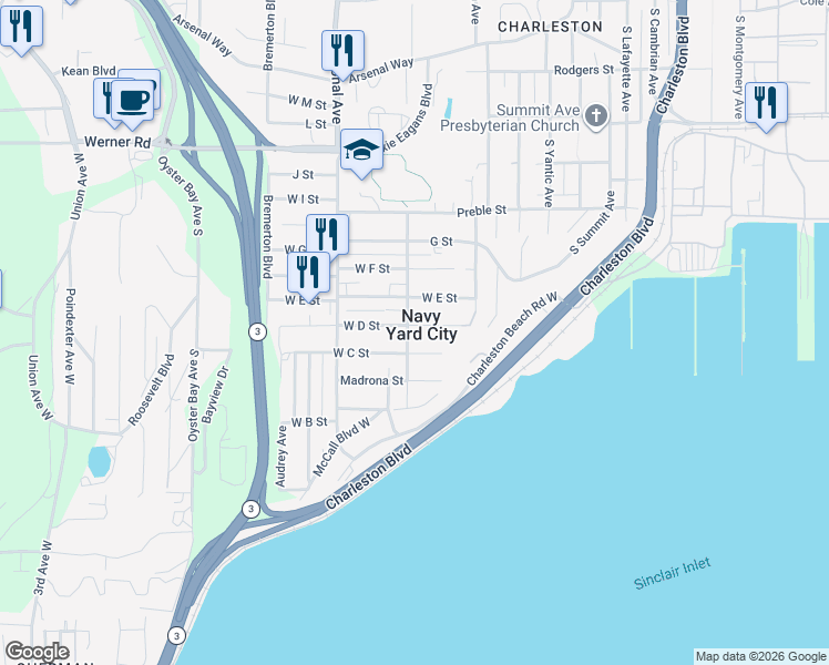 map of restaurants, bars, coffee shops, grocery stores, and more near 3702 C Street in Bremerton