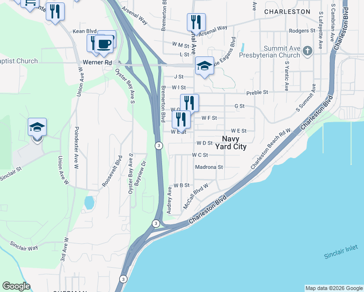 map of restaurants, bars, coffee shops, grocery stores, and more near 4121 West D Street in Bremerton