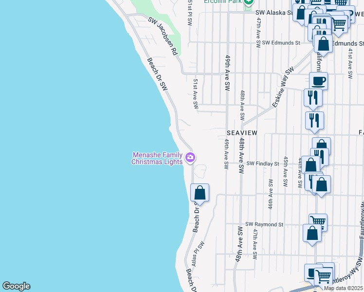 map of restaurants, bars, coffee shops, grocery stores, and more near 5439 Beach Drive Southwest in Seattle