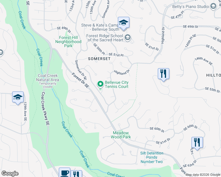 map of restaurants, bars, coffee shops, grocery stores, and more near 5525 Highland Drive in Bellevue