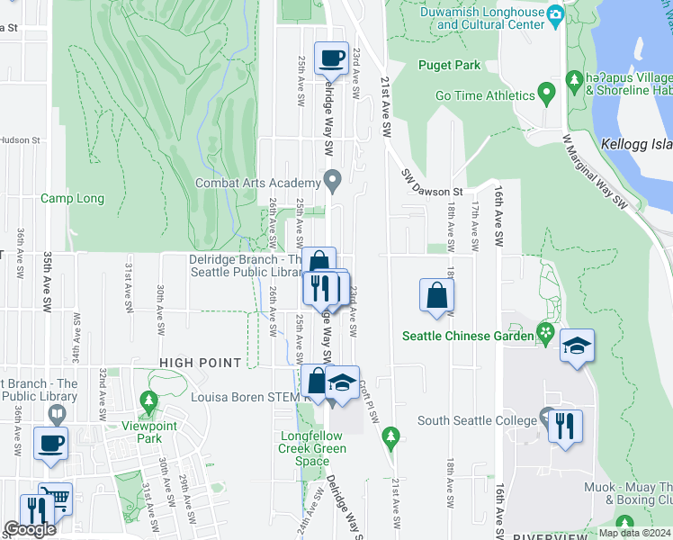 map of restaurants, bars, coffee shops, grocery stores, and more near 5420 Delridge Way Southwest in Seattle