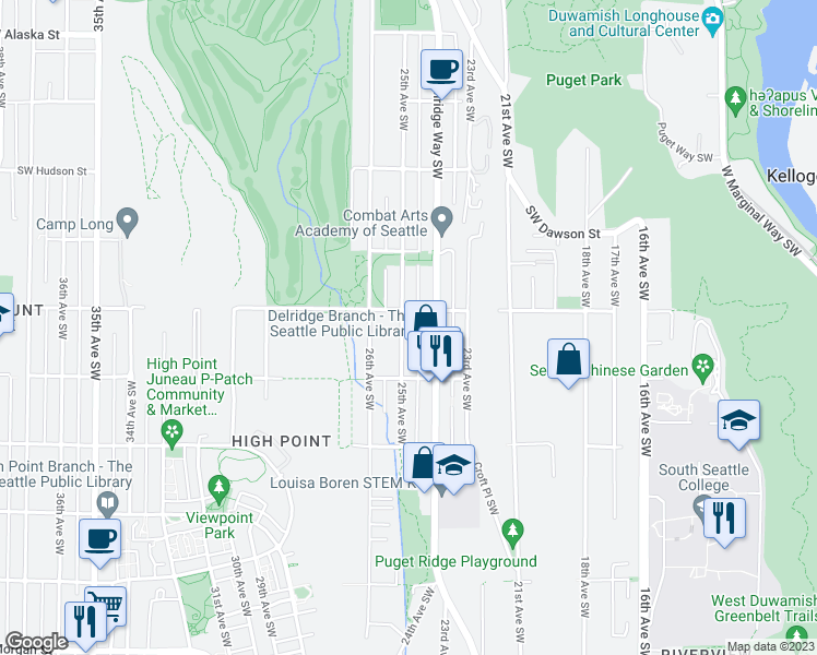 map of restaurants, bars, coffee shops, grocery stores, and more near 5414 25th Avenue Southwest in Seattle