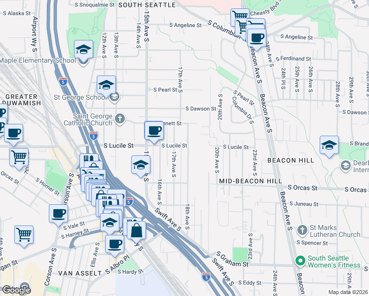 map of restaurants, bars, coffee shops, grocery stores, and more near 5513 18th Avenue South in Seattle