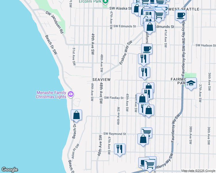 map of restaurants, bars, coffee shops, grocery stores, and more near 5435 47th Avenue Southwest in Seattle