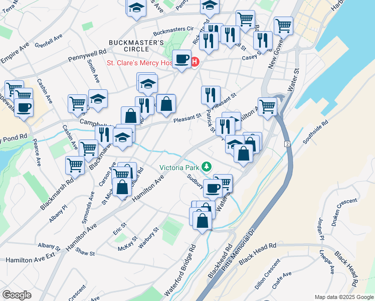 map of restaurants, bars, coffee shops, grocery stores, and more near 162 Hamilton Avenue in St. John's