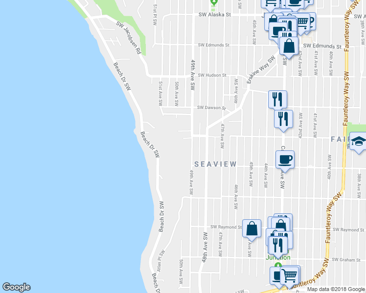 map of restaurants, bars, coffee shops, grocery stores, and more near 5421 49th Avenue Southwest in Seattle