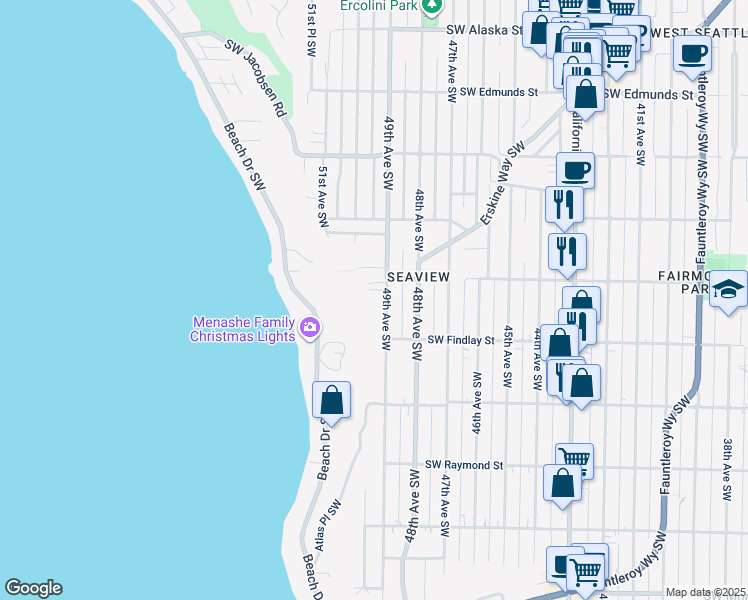 map of restaurants, bars, coffee shops, grocery stores, and more near 5421 49th Avenue Southwest in Seattle