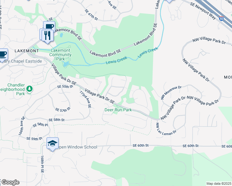 map of restaurants, bars, coffee shops, grocery stores, and more near 17529 Southeast 56th Street in Bellevue