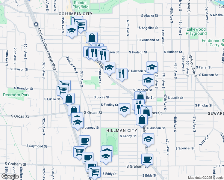 map of restaurants, bars, coffee shops, grocery stores, and more near 3946 South Lucile Street in Seattle