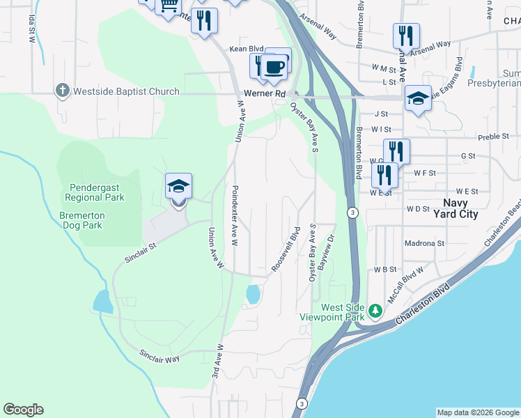 map of restaurants, bars, coffee shops, grocery stores, and more near 1216 Lansing Avenue West in Bremerton