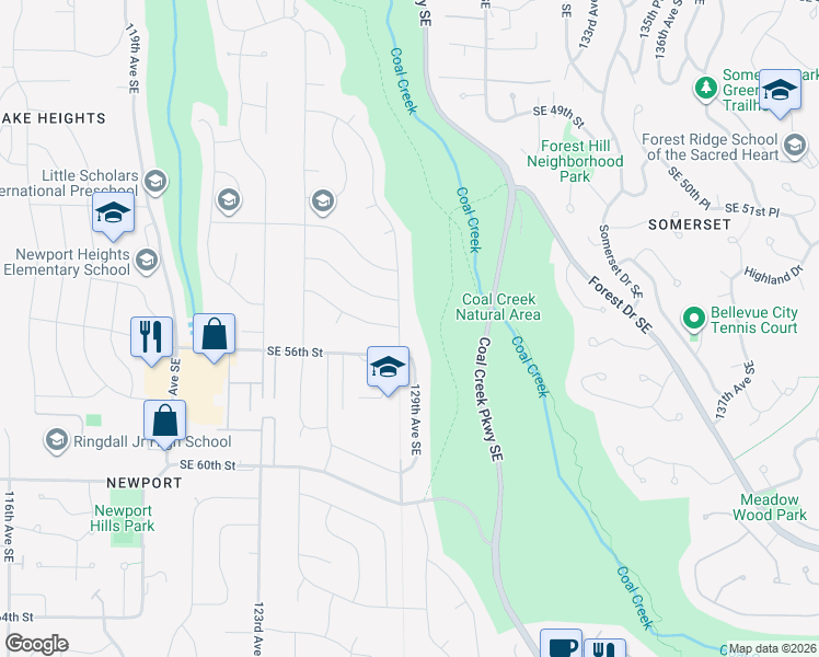 map of restaurants, bars, coffee shops, grocery stores, and more near 5419 128th Avenue Southeast in Bellevue