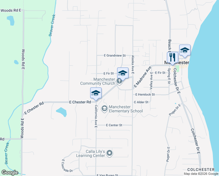 map of restaurants, bars, coffee shops, grocery stores, and more near 2070 Cedar Avenue East in Port Orchard