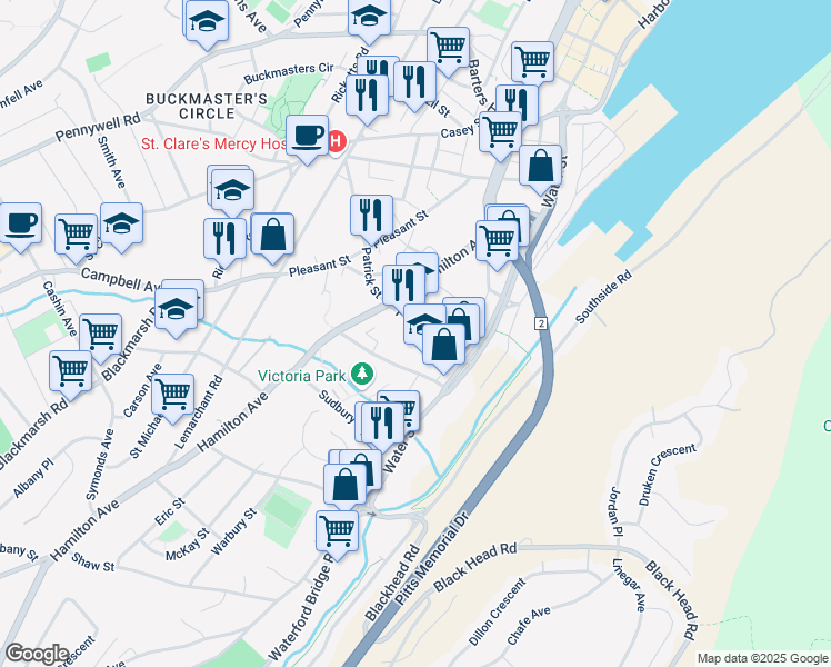 map of restaurants, bars, coffee shops, grocery stores, and more near 55 Patrick Street in St. John's