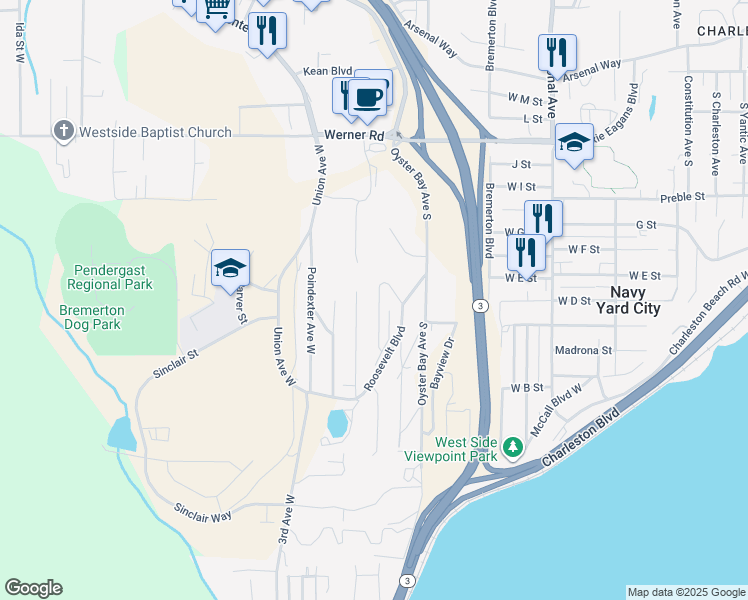 map of restaurants, bars, coffee shops, grocery stores, and more near 1171 Daniels Avenue in Bremerton