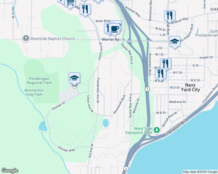map of restaurants, bars, coffee shops, grocery stores, and more near 1216 Lansing Avenue West in Bremerton