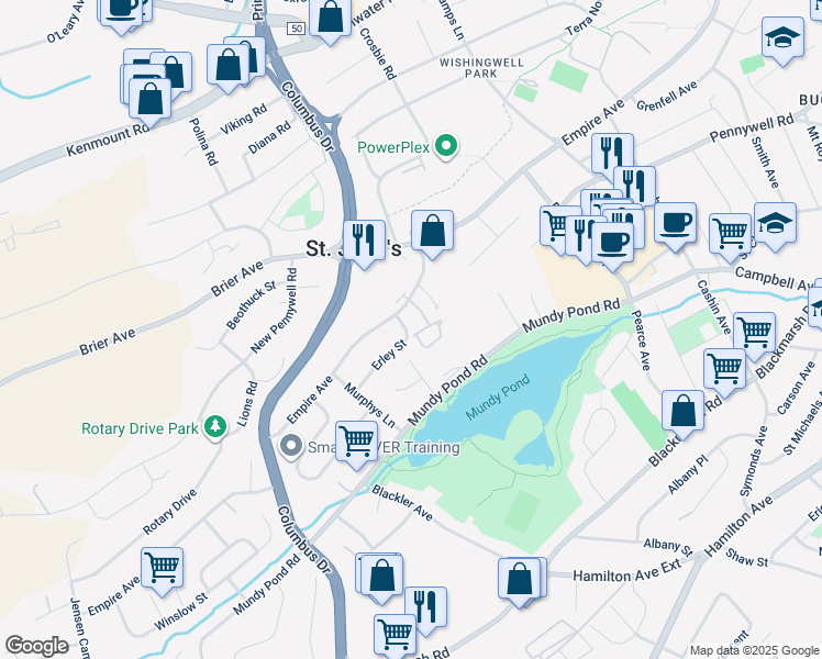 map of restaurants, bars, coffee shops, grocery stores, and more near 16 Madigan Place in St. John's