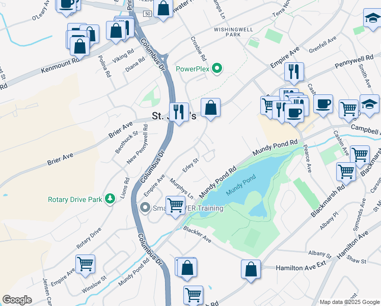 map of restaurants, bars, coffee shops, grocery stores, and more near 443 Empire Avenue in St. John's