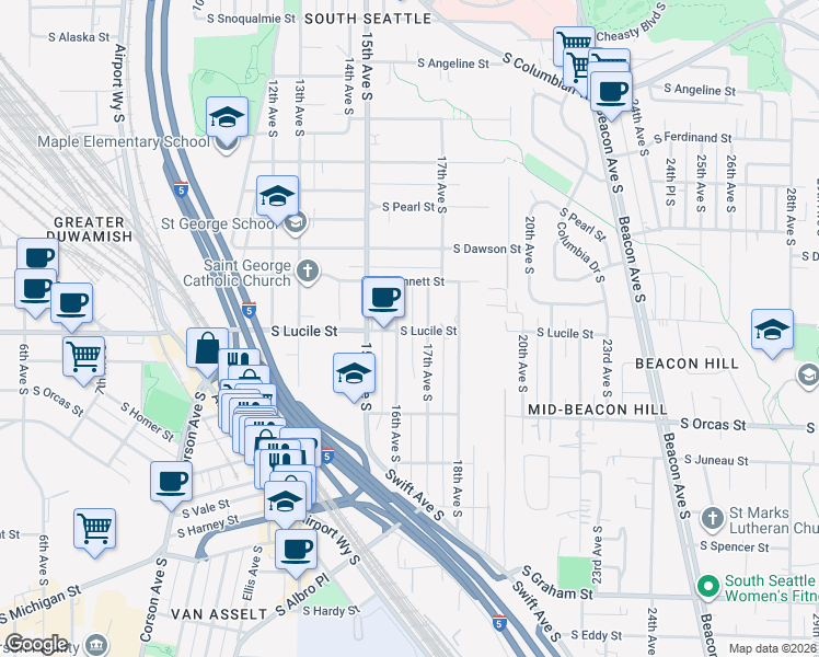map of restaurants, bars, coffee shops, grocery stores, and more near 5511 17th Avenue South in Seattle
