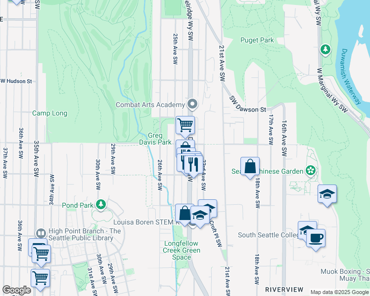 map of restaurants, bars, coffee shops, grocery stores, and more near 5424 25th Avenue Southwest in Seattle
