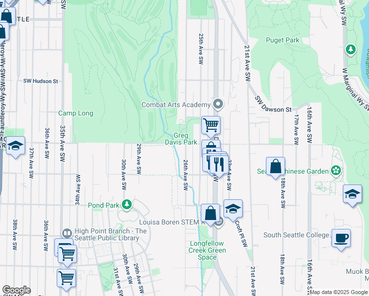 map of restaurants, bars, coffee shops, grocery stores, and more near 5420 26th Avenue Southwest in Seattle