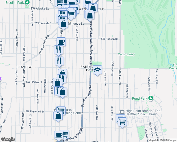 map of restaurants, bars, coffee shops, grocery stores, and more near 5427 Fauntleroy Way Southwest in Seattle
