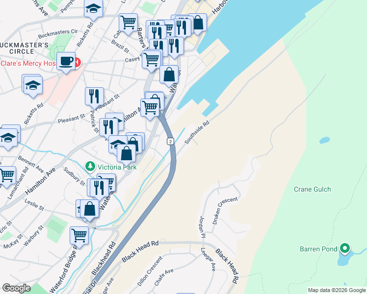 map of restaurants, bars, coffee shops, grocery stores, and more near 249 Southside Road in St. John's