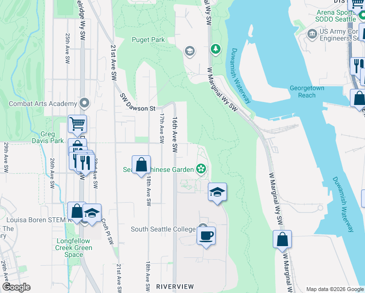 map of restaurants, bars, coffee shops, grocery stores, and more near 5415 15th Avenue Southwest in Seattle