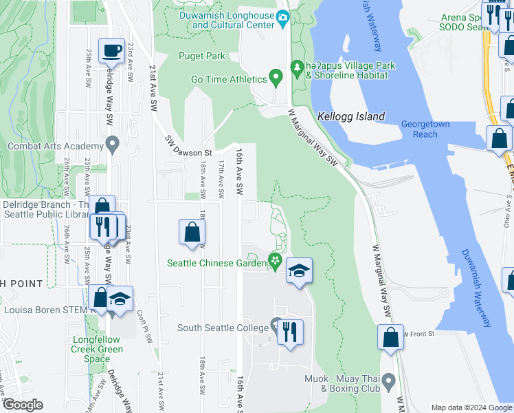 map of restaurants, bars, coffee shops, grocery stores, and more near 5415 15th Avenue Southwest in Seattle