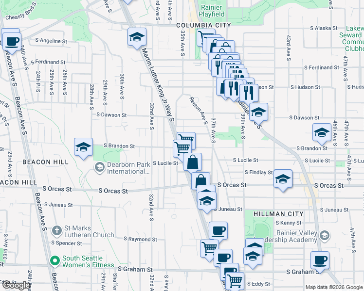 map of restaurants, bars, coffee shops, grocery stores, and more near 5410 Martin Luther King Junior Way South in Seattle